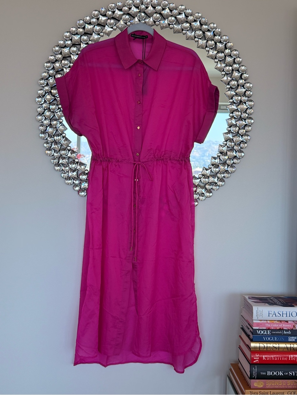 Lightweight Fuchsia Shirt Dress with Drawstring Waist